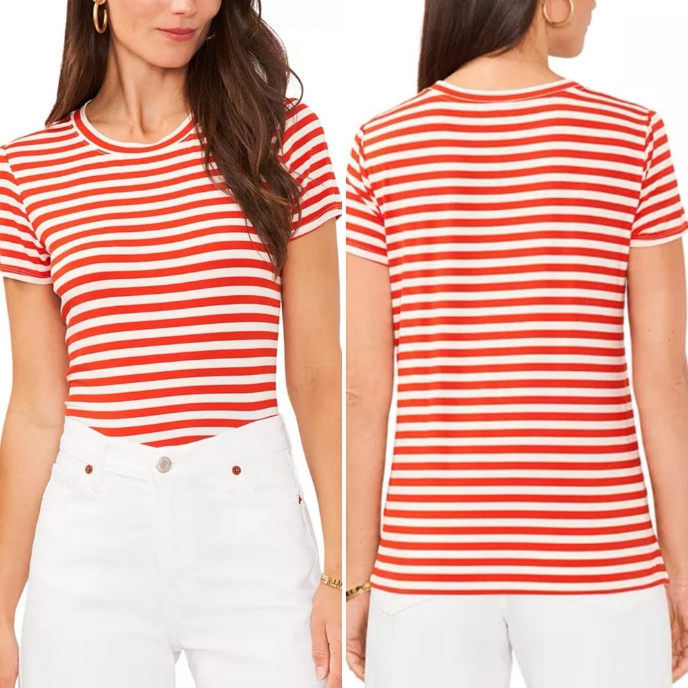 Vince Camuto Short Sleeve Crew Neck Stripe Tee in Tulip Red & White Plus Size 2X